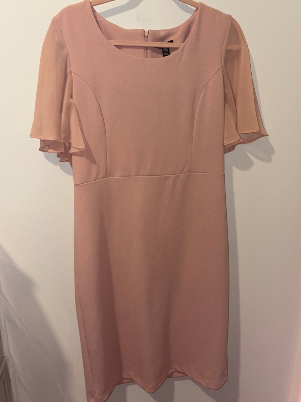 Nina Leonard Blush Sheath Dress with Flutter Sleeves